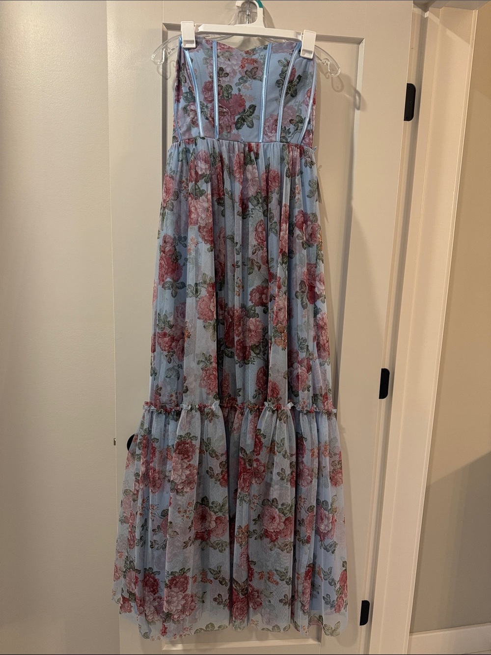 Women’s Light Blue Floral Tiered Maxi Dress with Pink Rose Print by